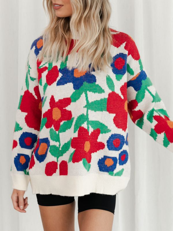 Women's Flower Embroidery Round Neck Loose Long Sleeves Sweaters