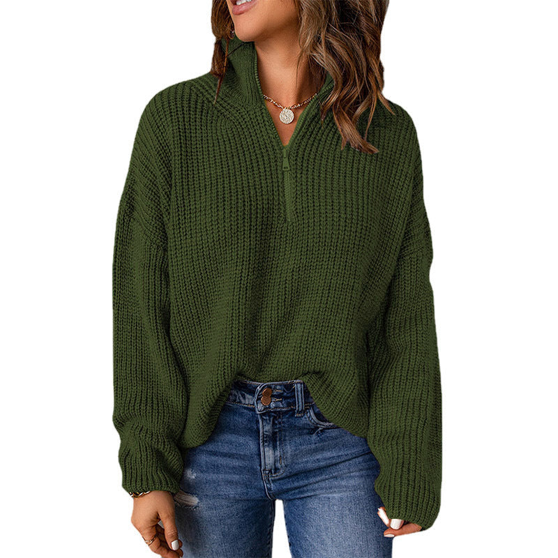 Women's Solid Color Pullover Turtleneck Zipper Loose Sweaters