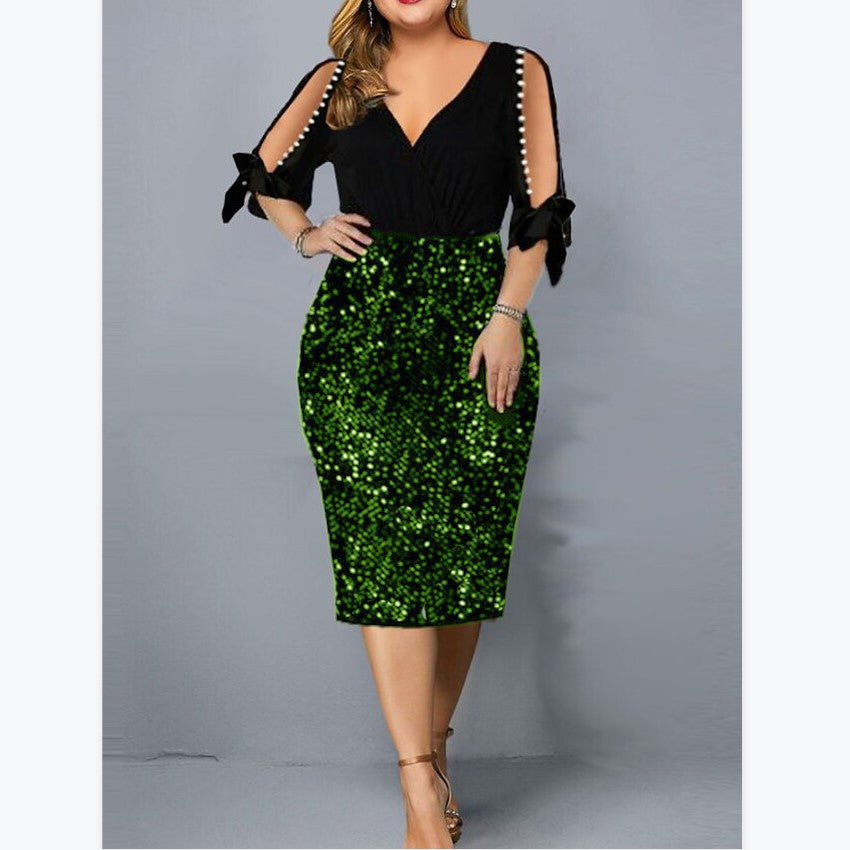 Women's Collar Personalized Sequined Petal Sleeve Dresses