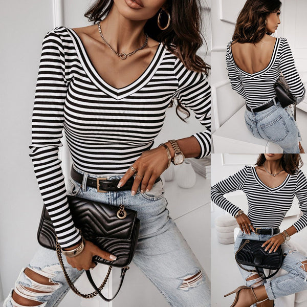 Trendy Classy Creative Striped Sunken Stripe Blouses