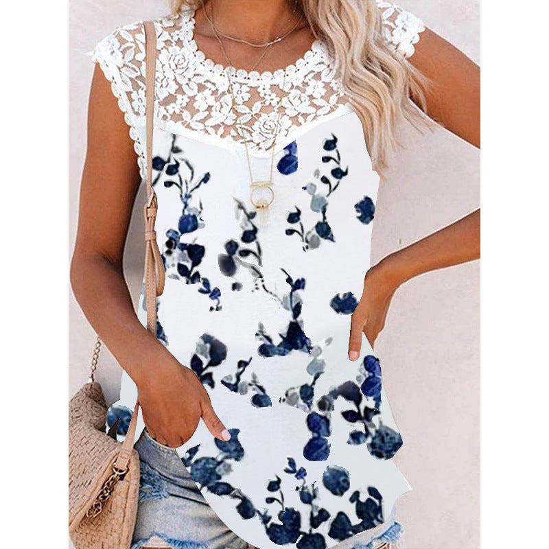 Women's Summer Printed Round Neck Lace Casual Loose Colored Vests