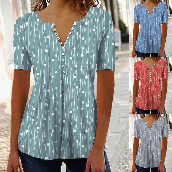 Clover V-neck Polka Dot Striped Button Blouses