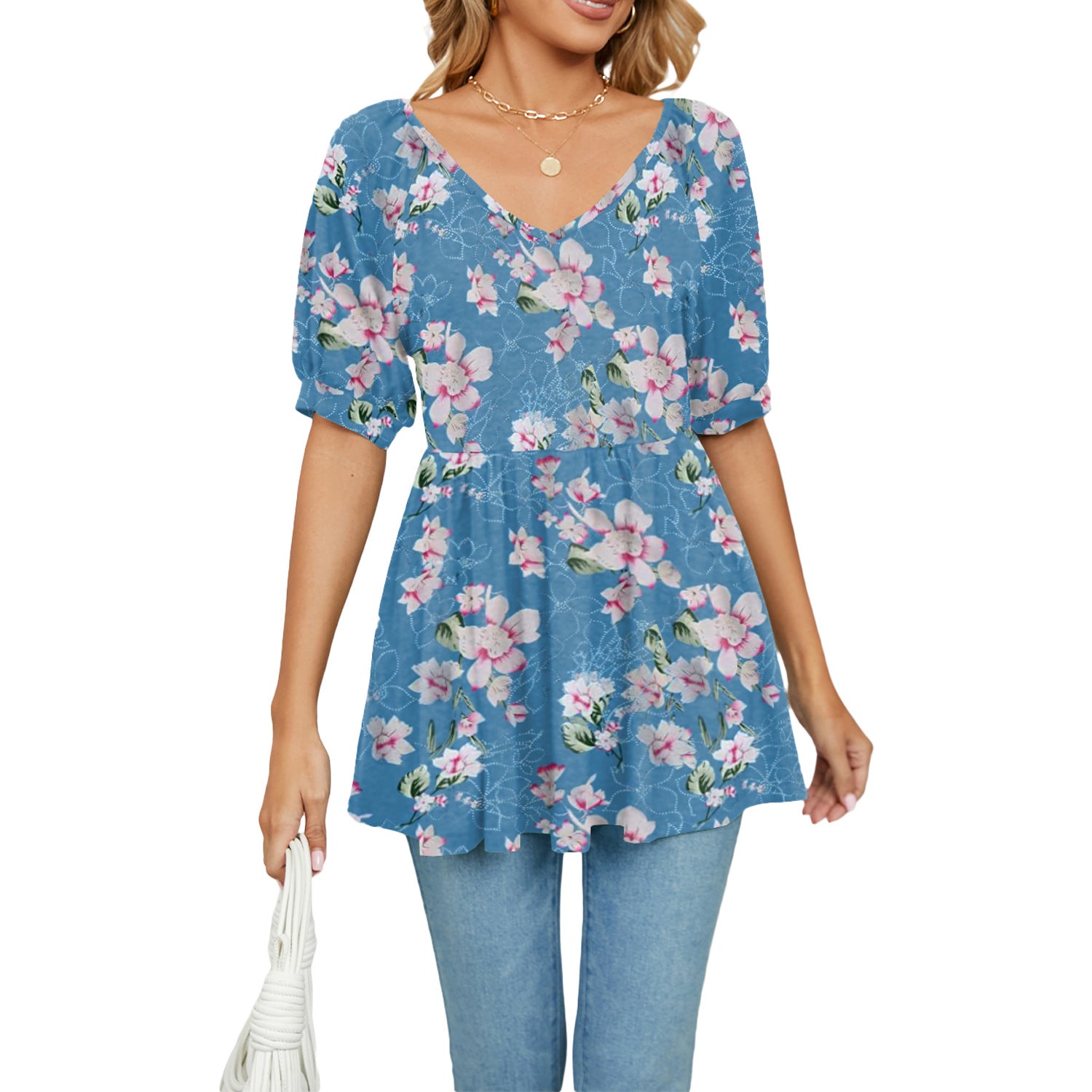 Women's V-neck Printed Puff Sleeve Waist Blouses