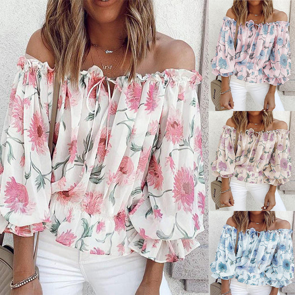 Women's Sexy Off-shoulder Chiffon Loose Printed Long-sleeved Blouses