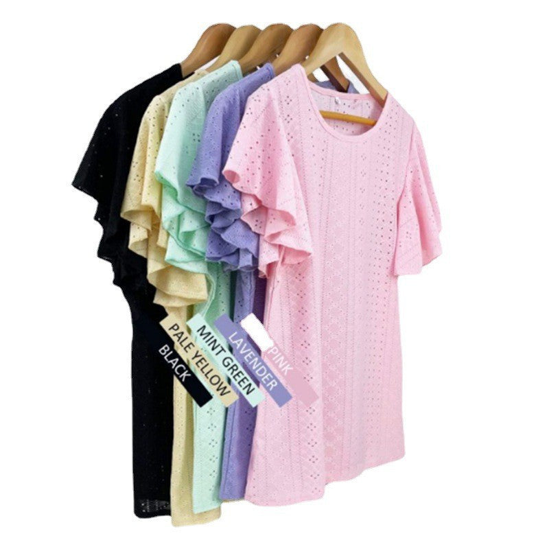 Women's Summer T-shirt Hollow-out Waist Ruffle Sleeve Blouses