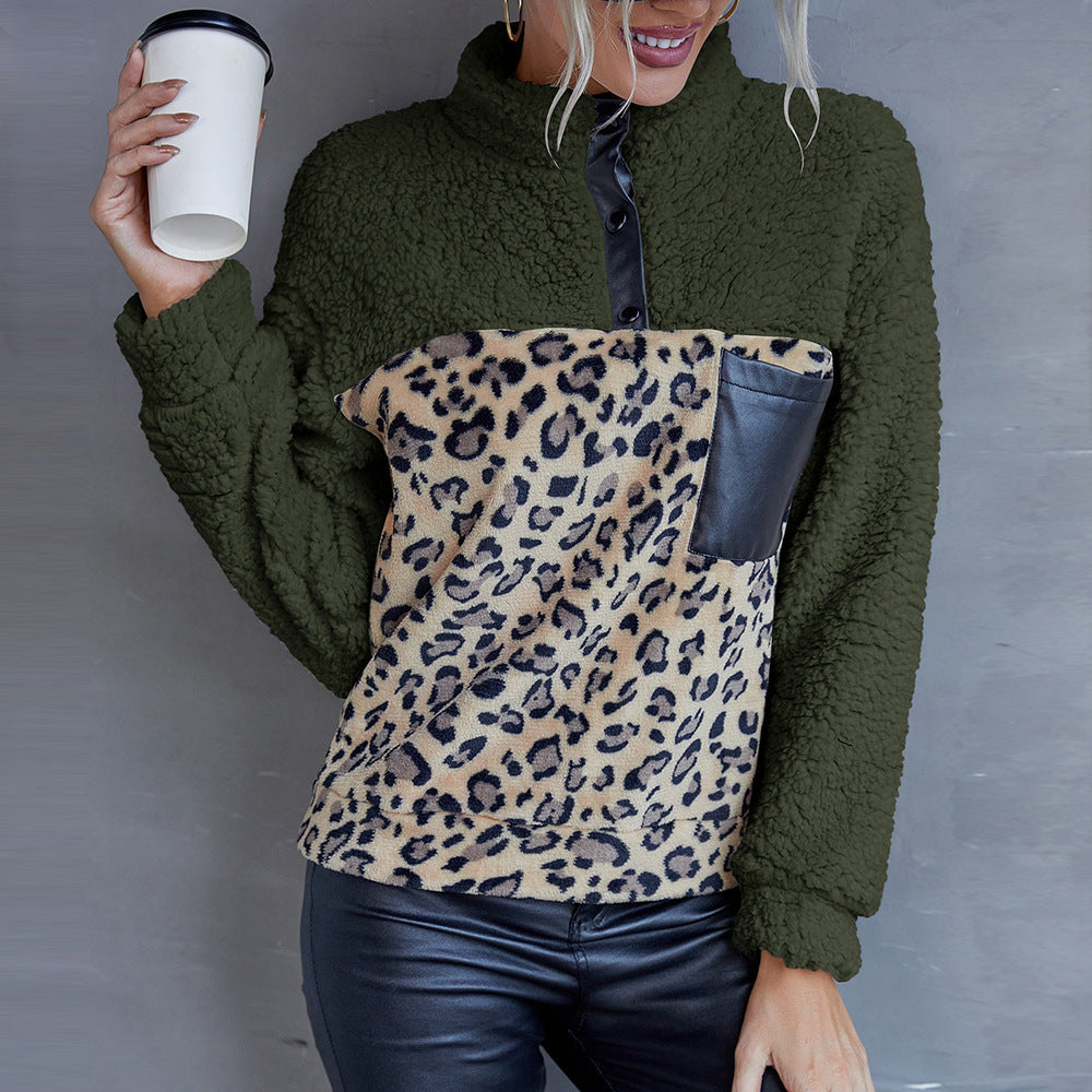 Women's Leopard Color Matching Casual Lamb Fur Sweaters