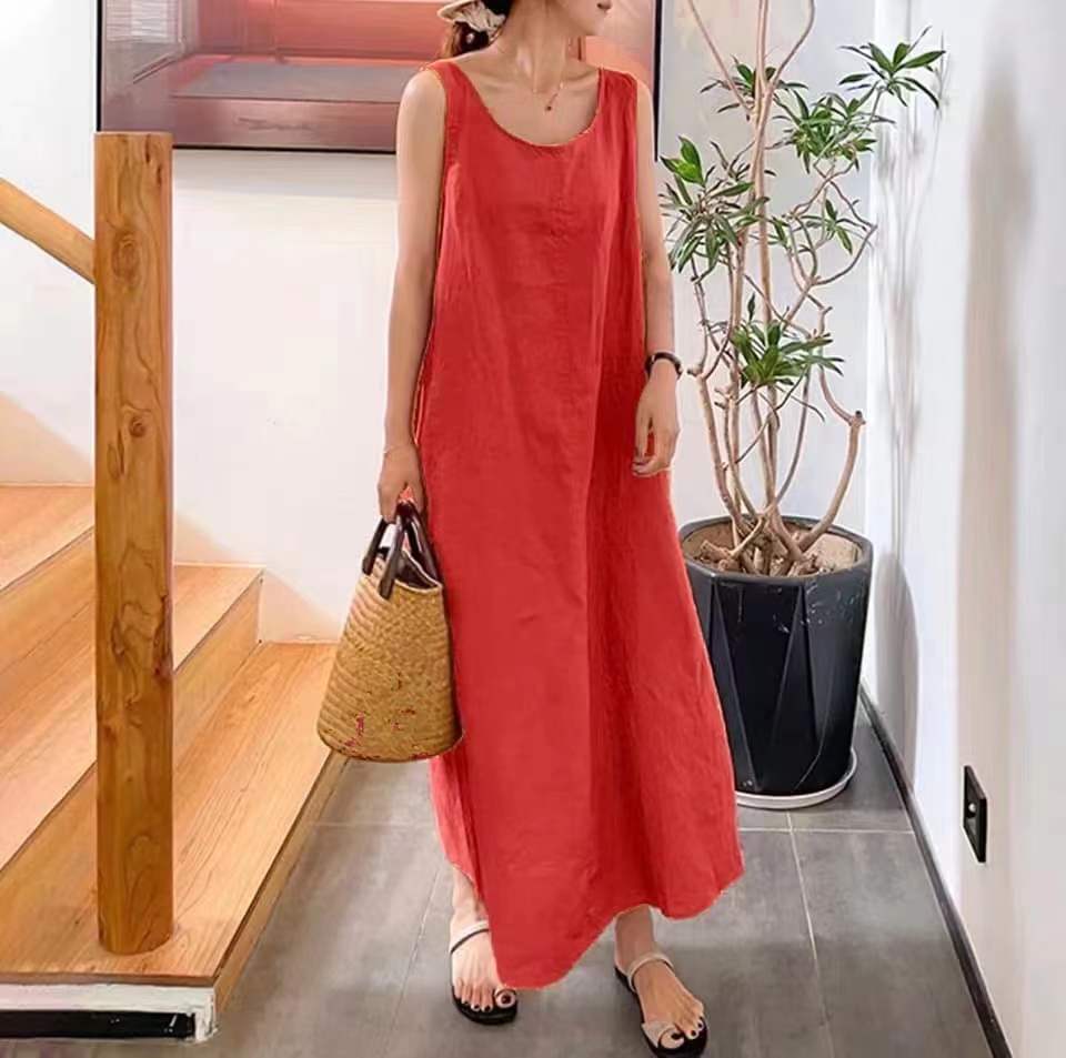 Women's Loose Pockets Round Neck Elegance Sleeveless Dresses