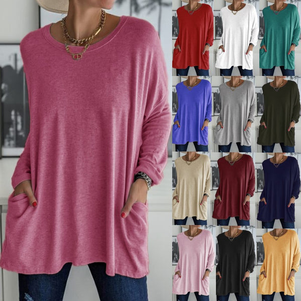 Women's Long Sleeve Loose Pockets Solid Color Blouses