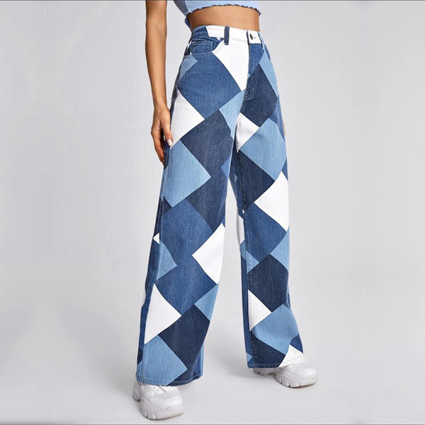 Women's High Waist Big Straight-leg Printed Trousers Jeans