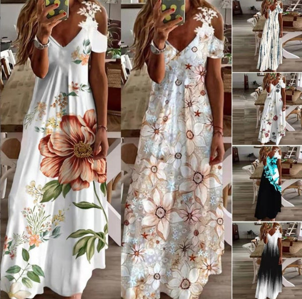 Women's Summer Floral Edge V-neck Brace Printed Dresses