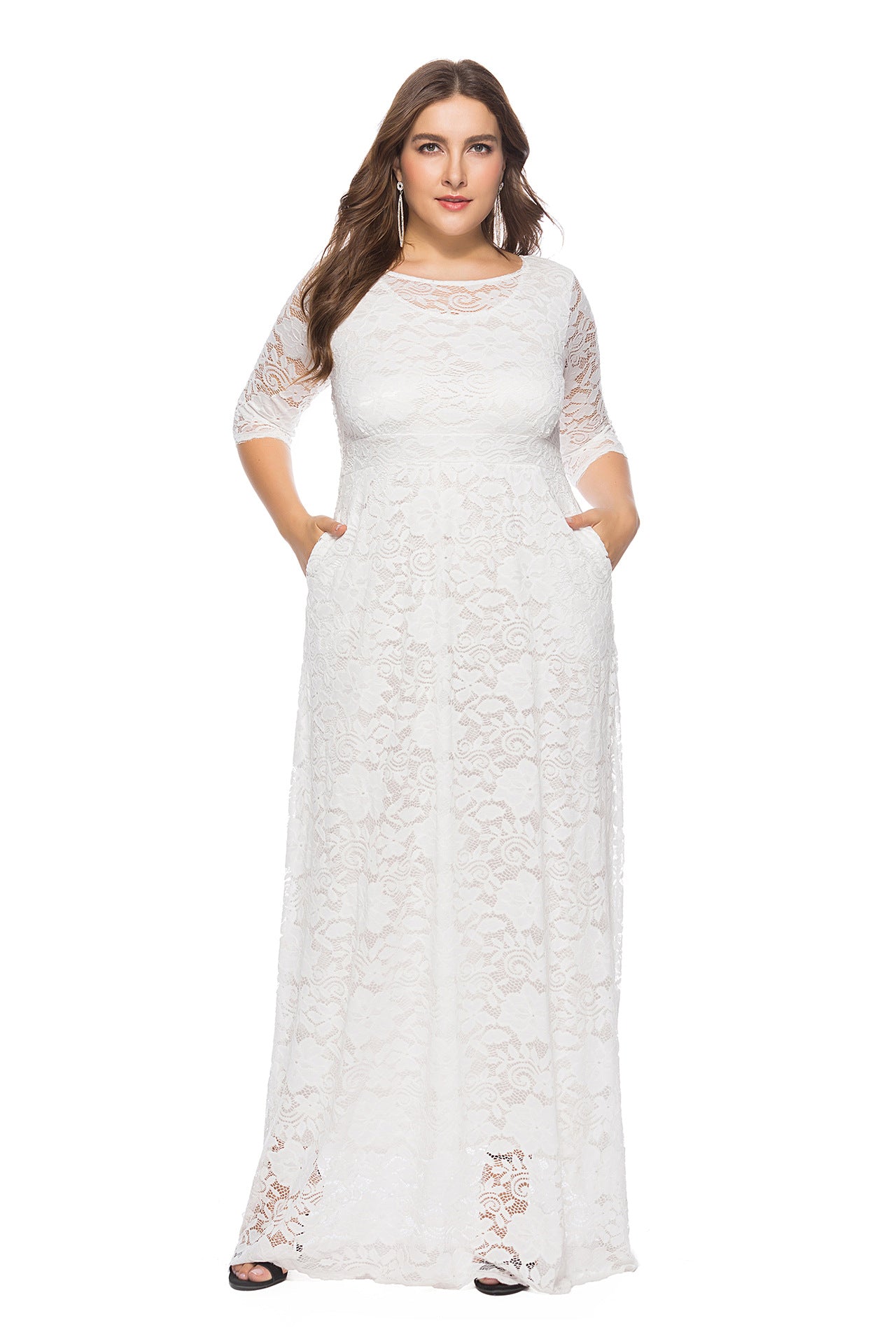 Women's Large Hollow Lace Pocket High Long Dresses