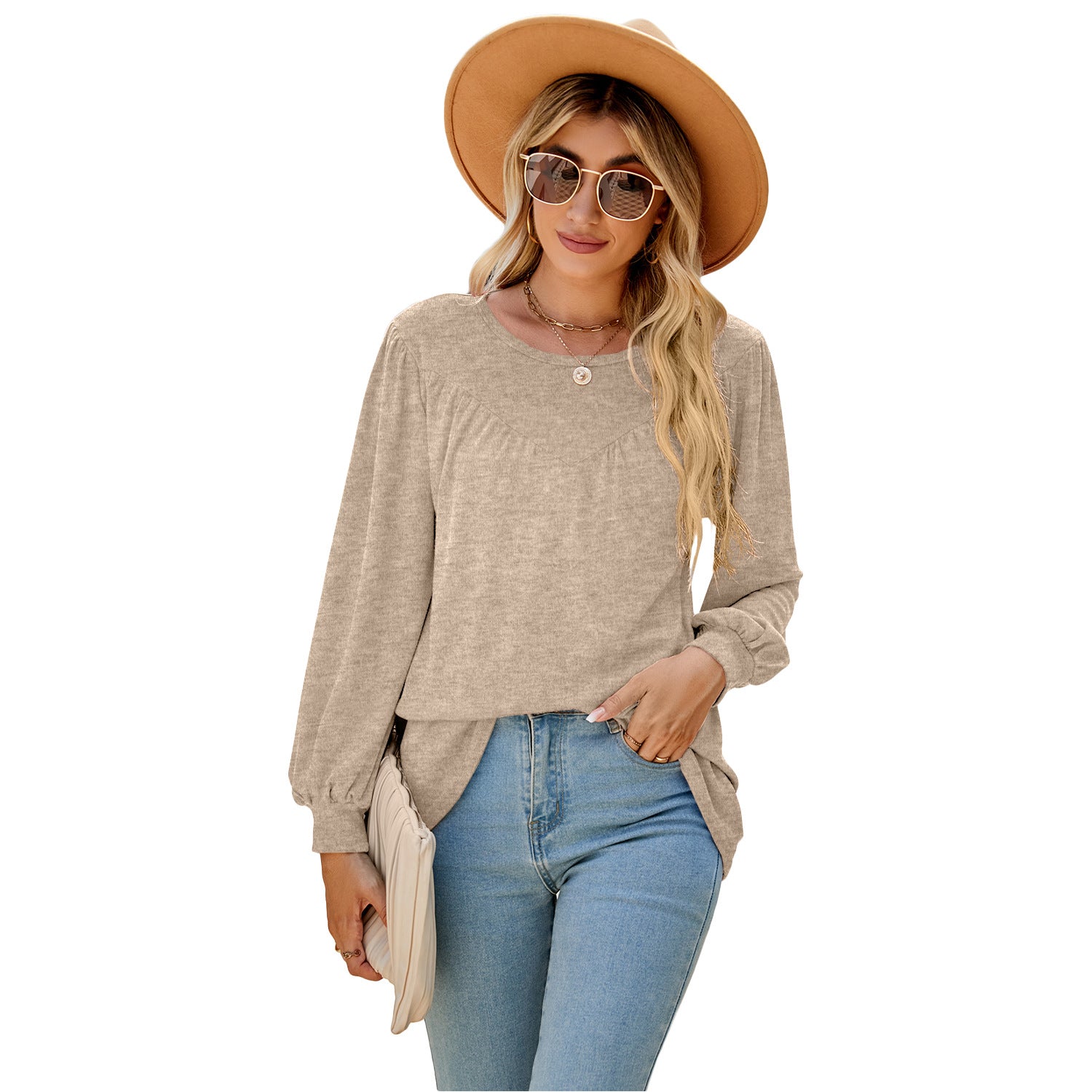 Women's Lantern Sleeve Loose Round Neck T-shirt Casual Blouses