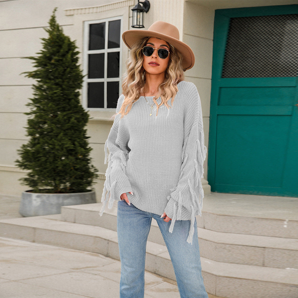 Trendy Women's Large Tassel Loose Pullover Sweaters