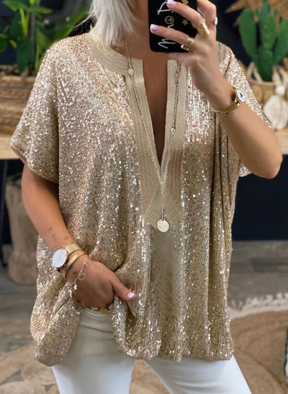 Loose Sequins V-neck Sleeve Casual Shirt Shorts