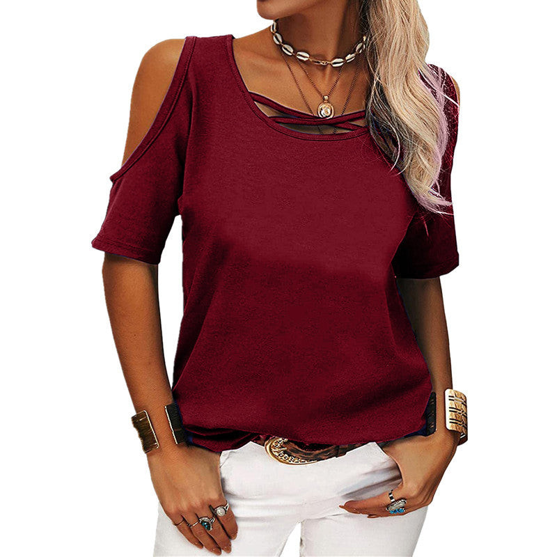 Women's Fashion Casual Solid Color Off-shoulder Loose Short-sleeved Blouses