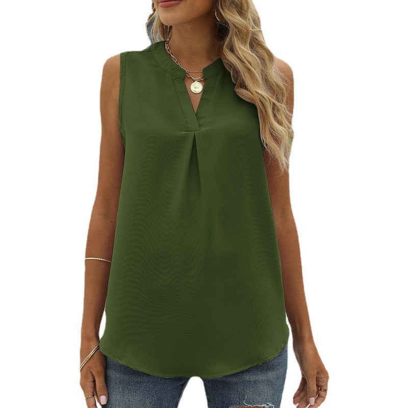 Women's Solid Color Chiffon Shirt Loose V-neck Vests