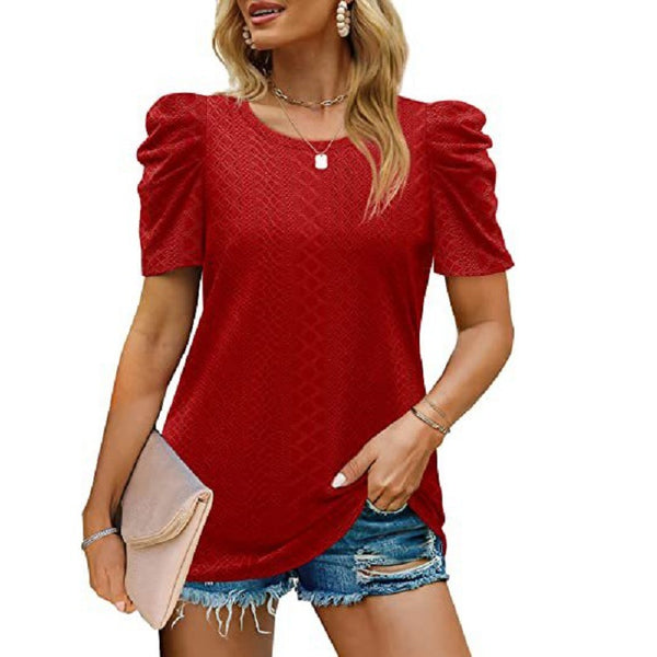 Women's T-shirt Hollow Out Round Neck Pleated Blouses