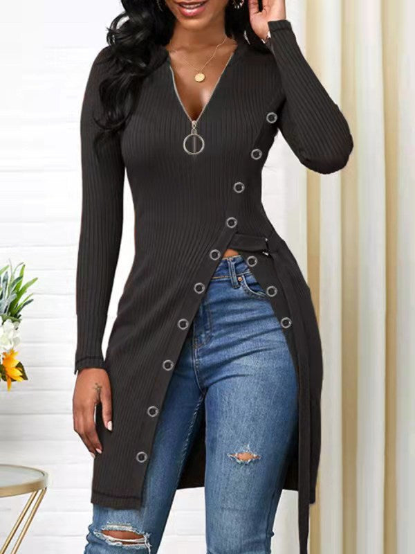 Women's V-neck Long Sleeve High Zipper T-shirt Blouses