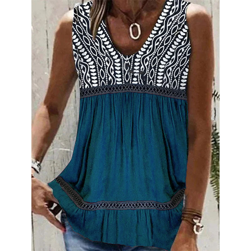 Women's Summer Flower Edge Stitching Ruffle Tank Blouses