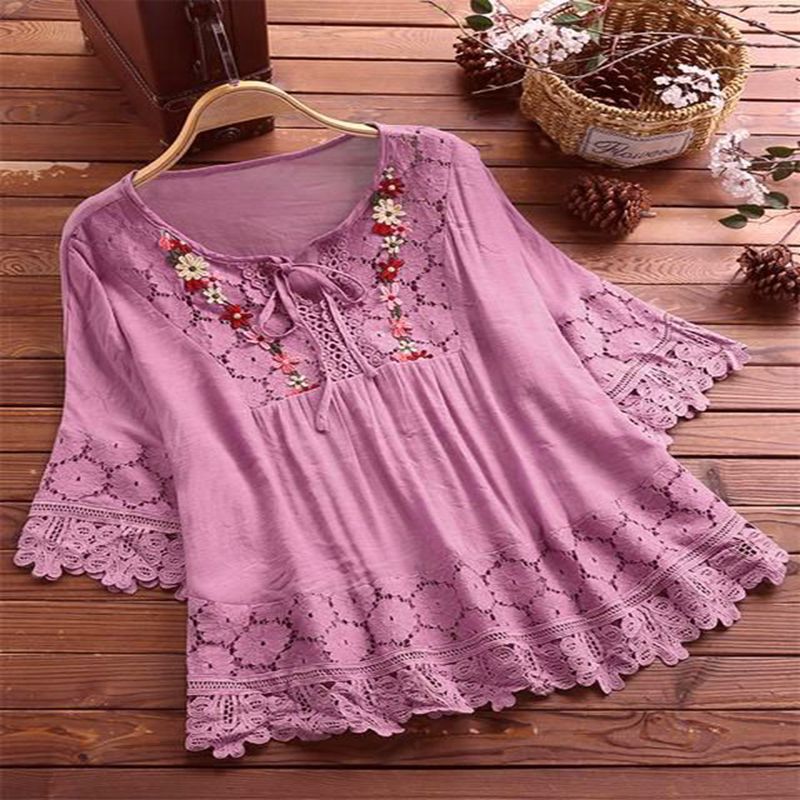 Women's Cotton Linen Stitching Lace Elegant V-neck Tops