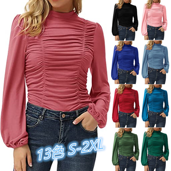 Women's Long Lantern Sleeve Turtleneck Pleated Slim Blouses