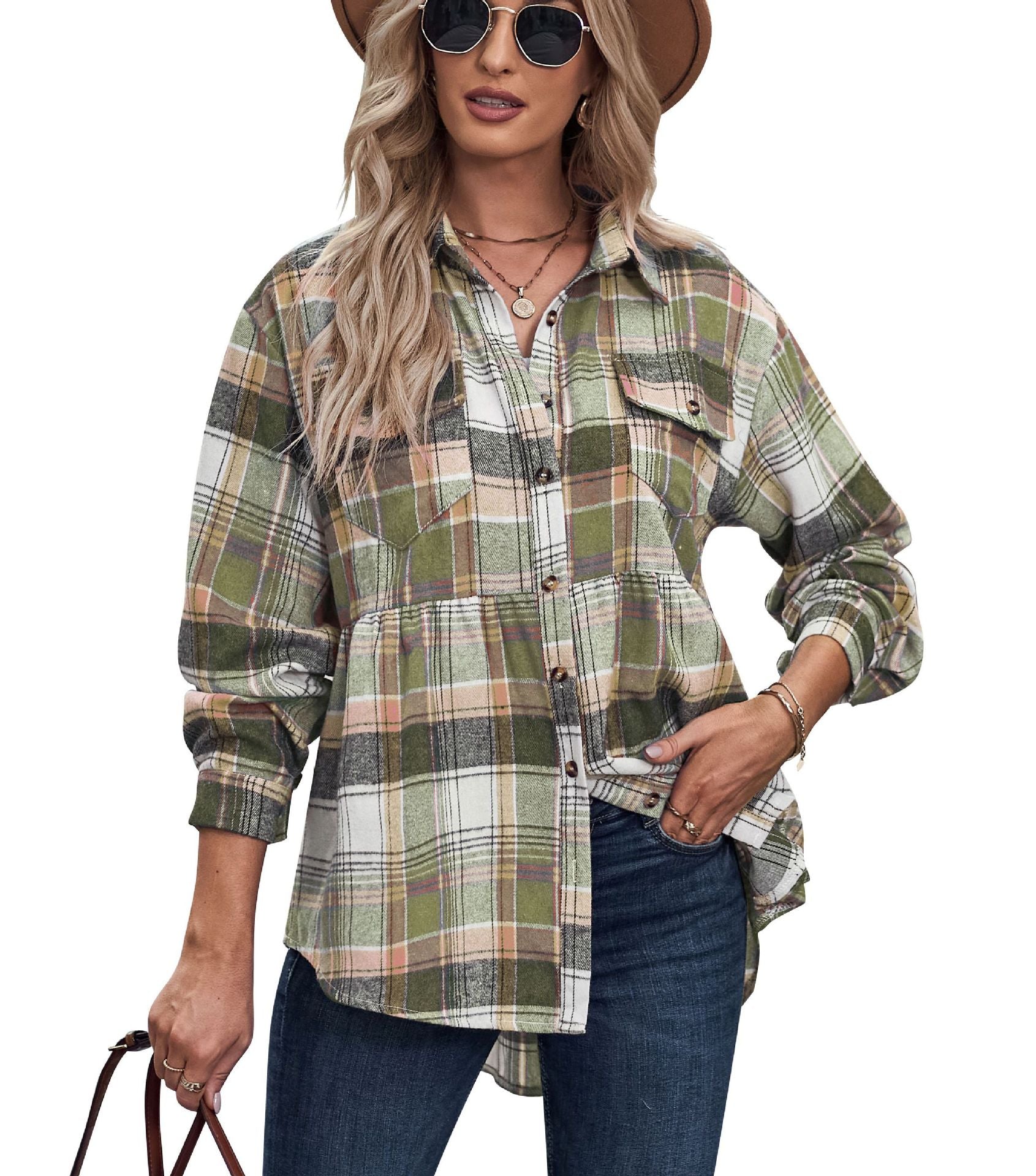 Women's Lapel Long Sleeve Pocket Casual Plaid Blouses