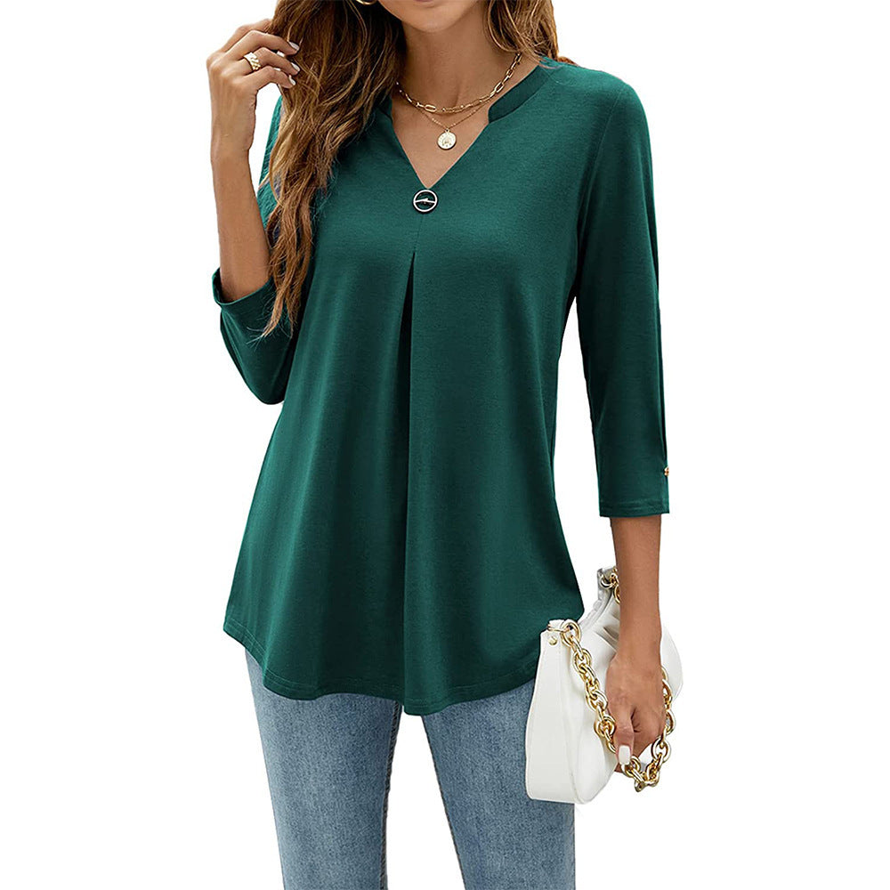 V-neck Three-quarter Sleeve Tight Decorative Buckle Pleated Blouses