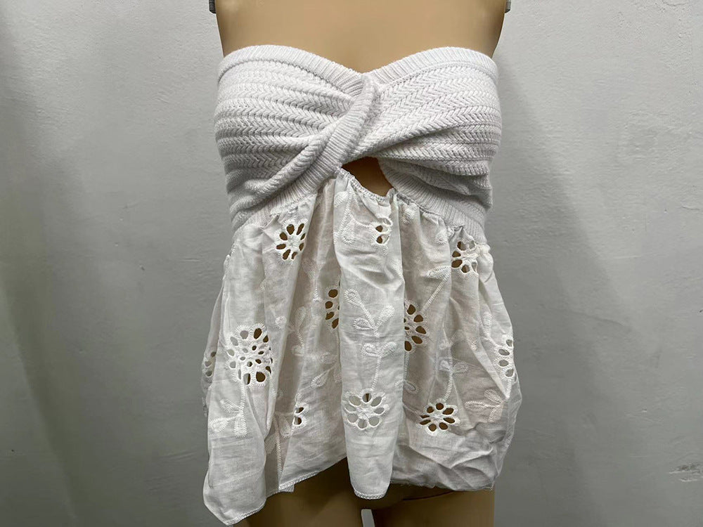 Women's Tie Hollow Embroidery Stitching Strapless Tube Sweaters