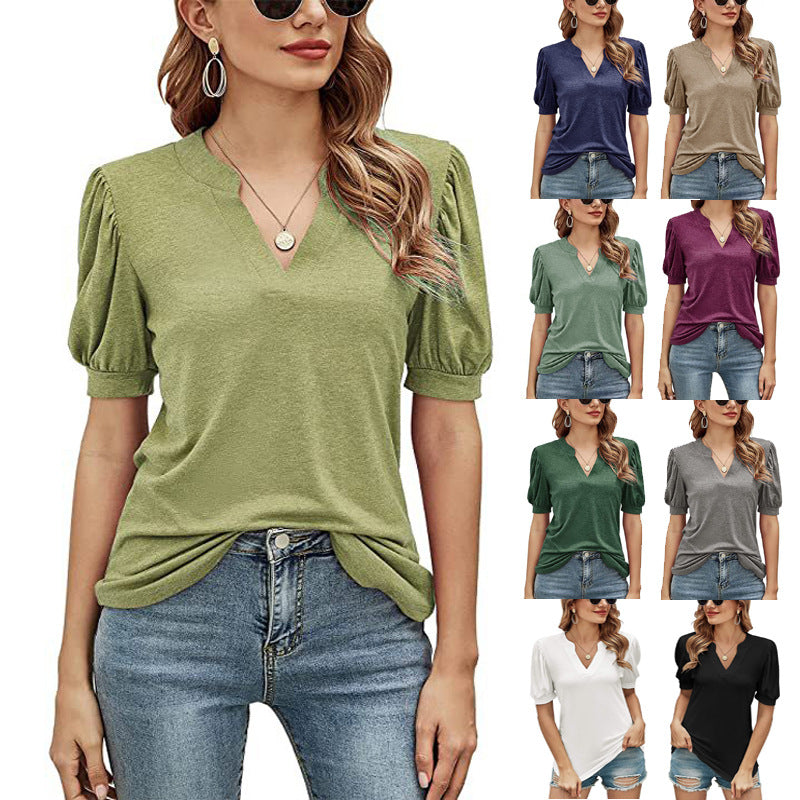 Women's Casual V-neck Solid Color Puff Sleeve Loose Blouses