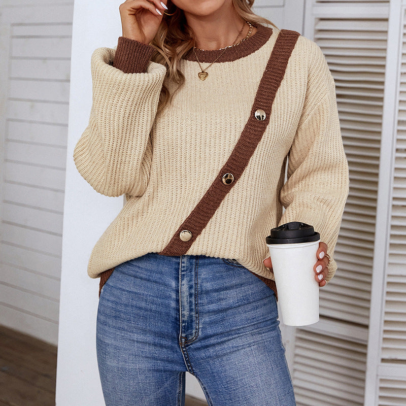 Women's Color Button Round Neck Lantern Sleeve Sweaters