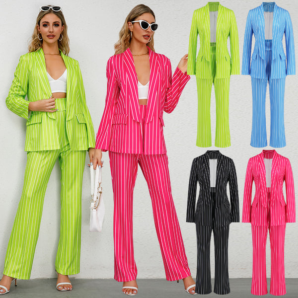 Women's Casual Striped Lapel Long Sleeve Loose Suits