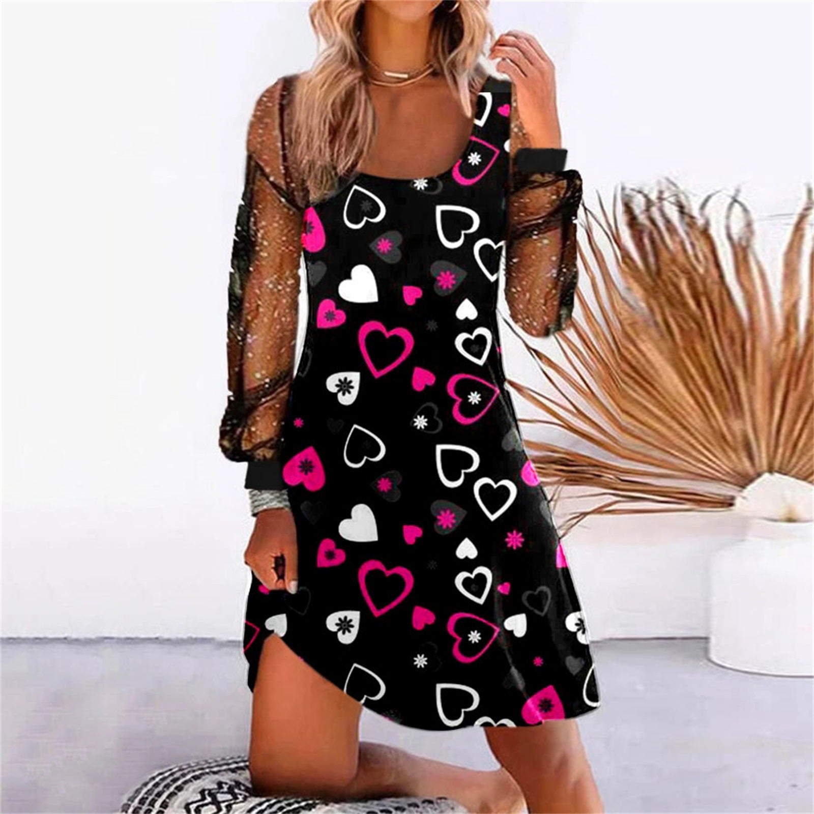 Women's New Printed Stitching Mesh Dress Dresses