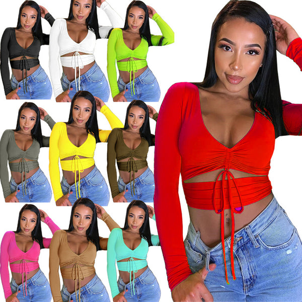 Women's Long Sleeve Low-cut Sexy Stretch Casual Blouses