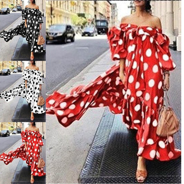 Women's Off Shoulder Polka Dot Bohemian Maxi Dresses