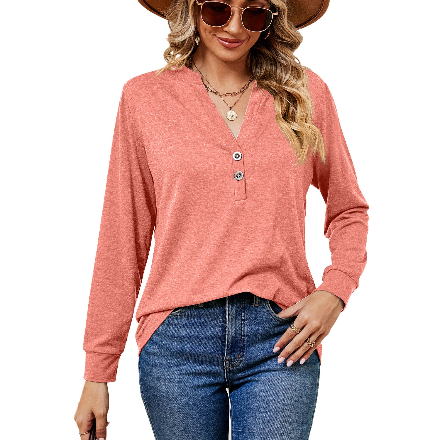 Women's Solid Color And Button Loose Long-sleeved Tops