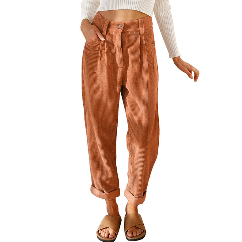 Women's Autumn High Waist Casual Solid Color Corduroy Pants