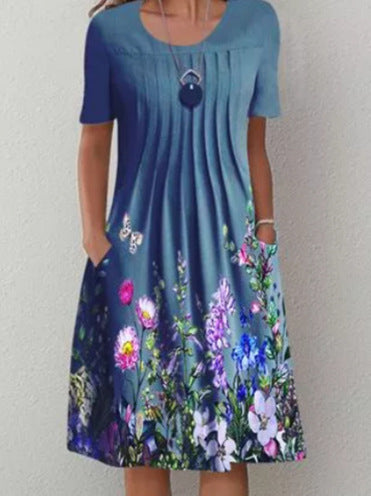 Women's Floral Print Round Neck Pocket Mid-length Dresses