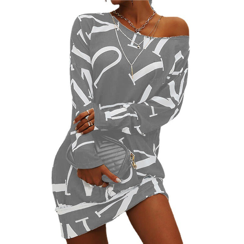 Women's Long-sleeved Letter Print Neck Casual Loose Dresses
