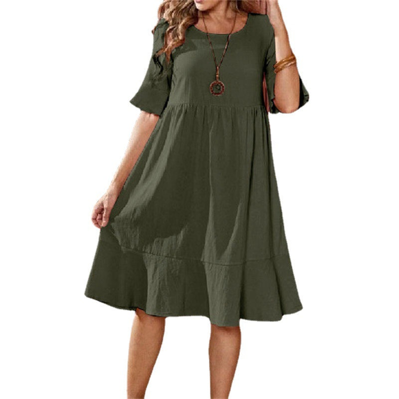 Women's Solid Color Loose Pleated Round Neck Flared Dresses
