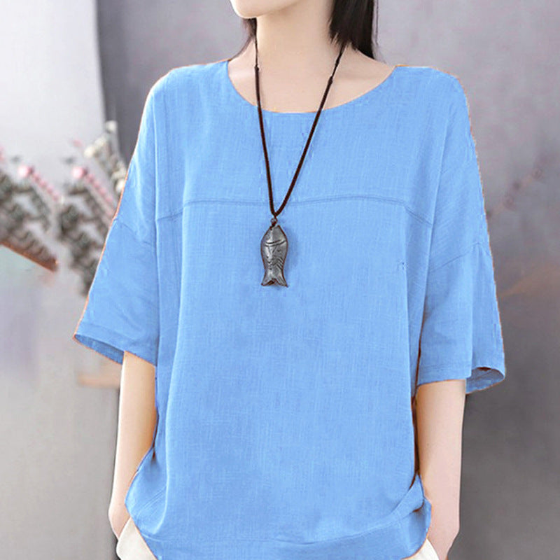 Women's Casual Short-sleeved Cotton And Linen Loose Bottoming Blouses