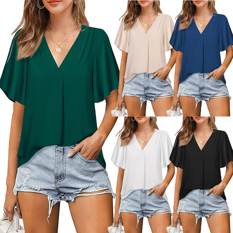 Women's Summer V-neck Pleated Loose Sleeve For Blouses