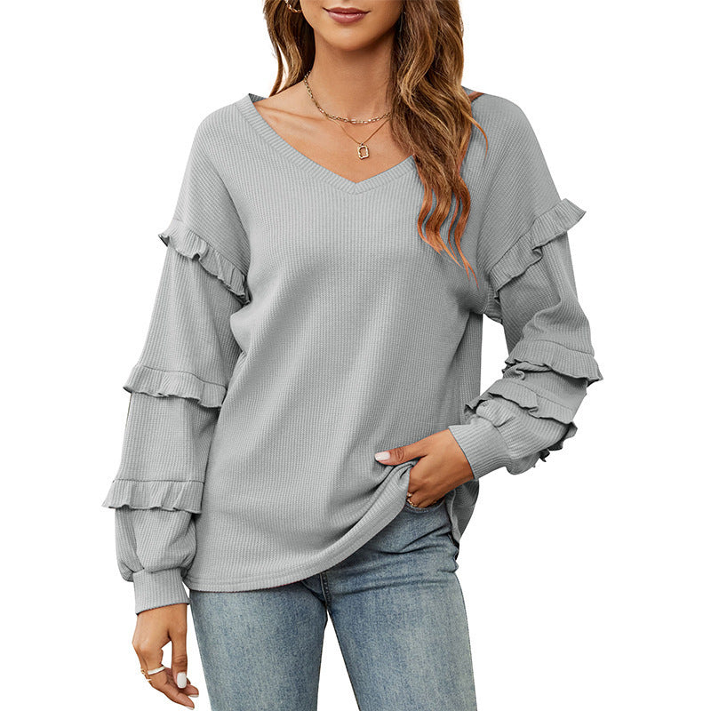 Women's Trendy Waffle Flounce Bishop Sleeves Blouses