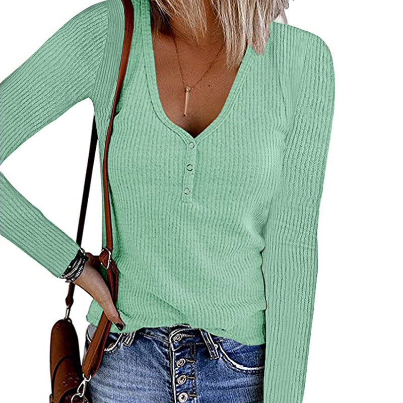 Women's Solid Color V-neck Long-sleeved T-shirt Button Tops