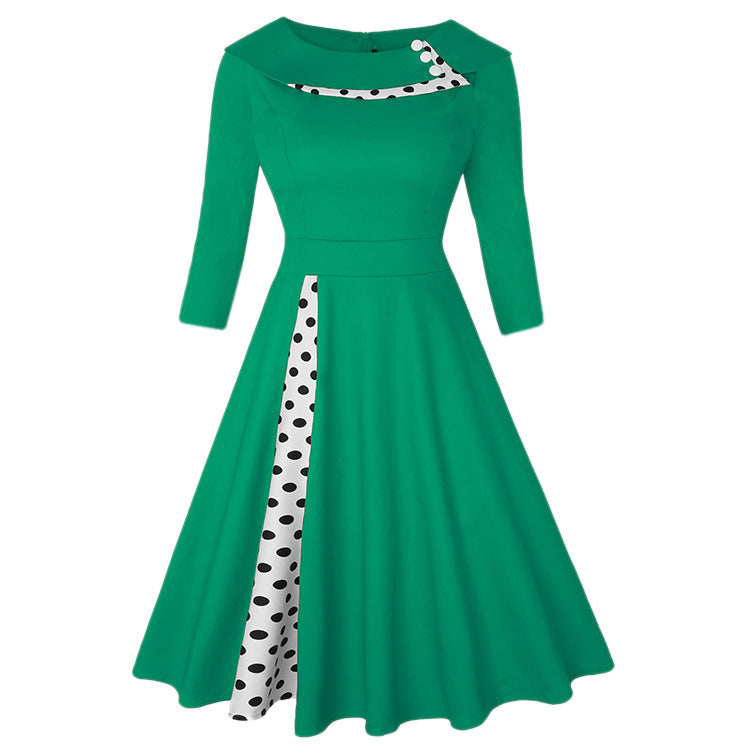 Women's Polka Dot Stitching Hepburn Retro Lapels Dresses