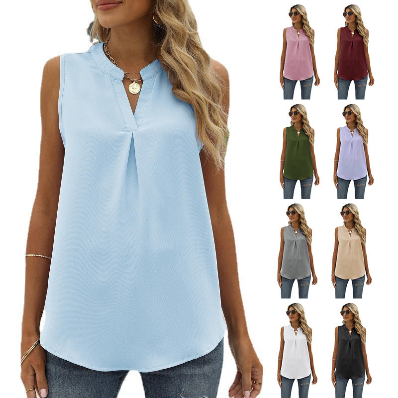 Chemise en mousseline de soie de couleur unie pour femmes Gilets amples à col en V