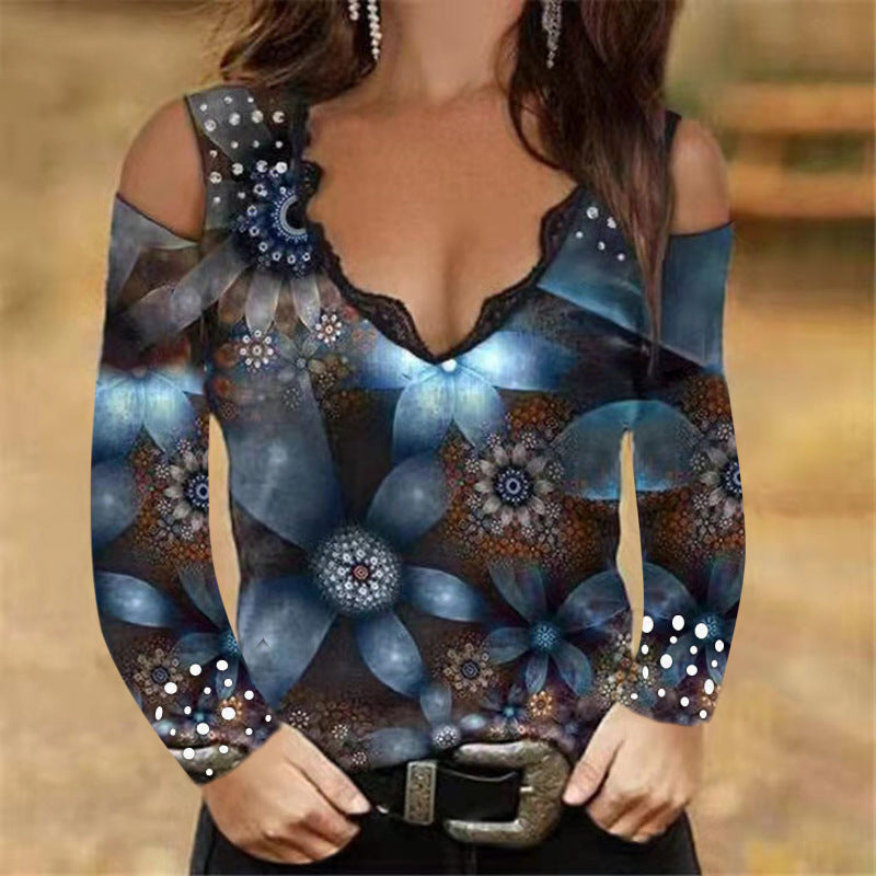 Long Sleeve Sexy Print V-neck Lace Off-the-shoulder Blouses