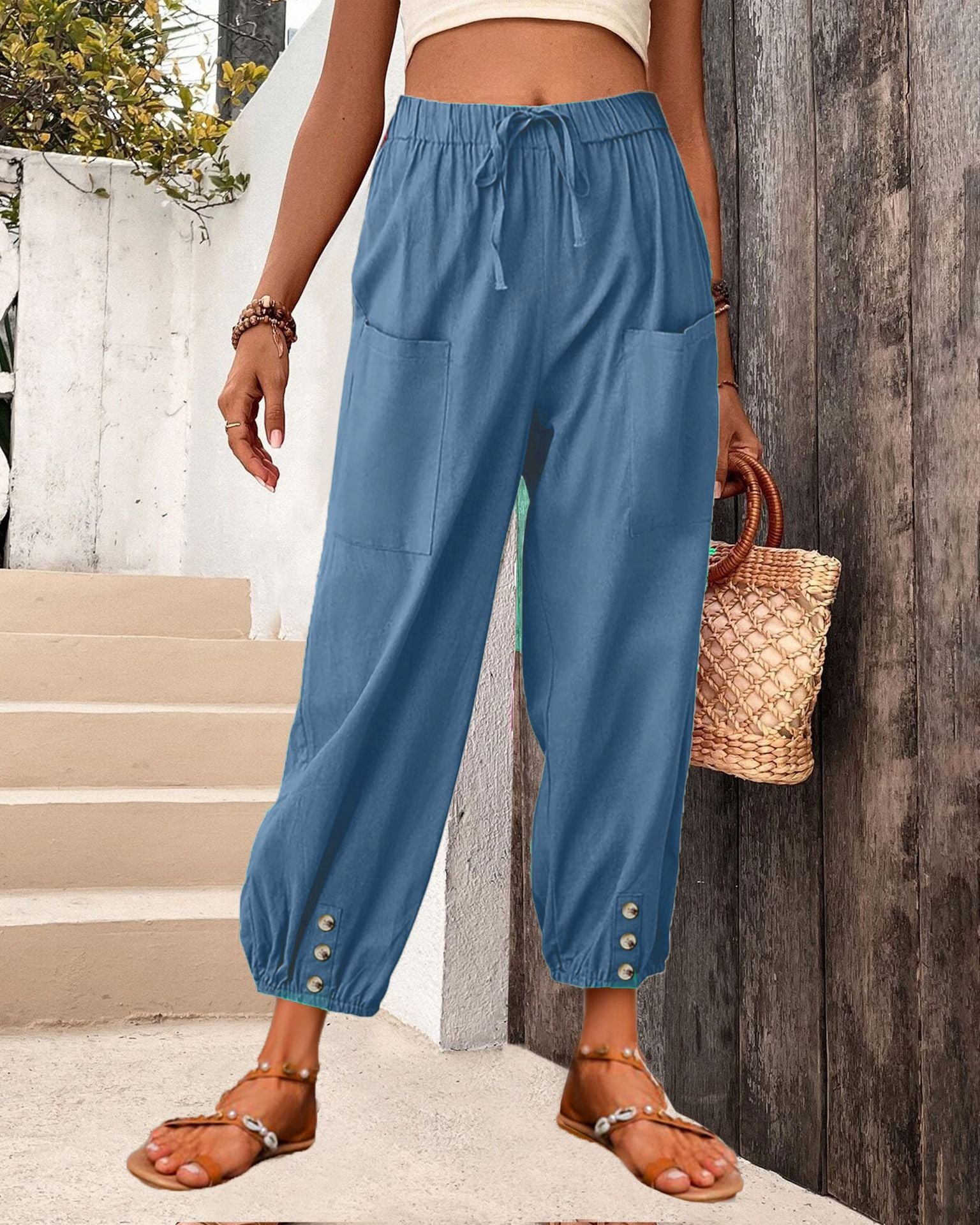 Women's Trendy Loose High Waist Button Linen Trousers Cropped Pants