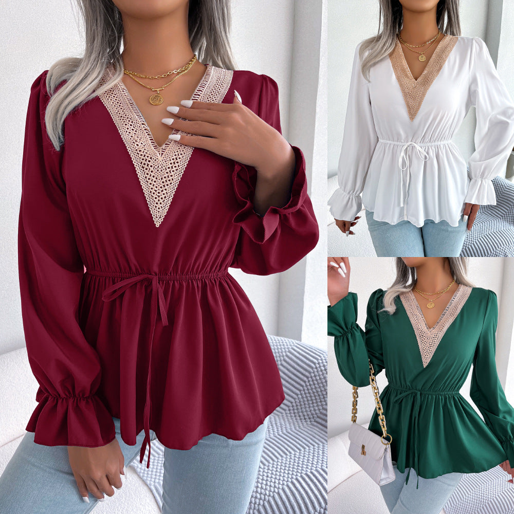 Women's V-neck Lace-up Waist Trimming Ruffles Blouses