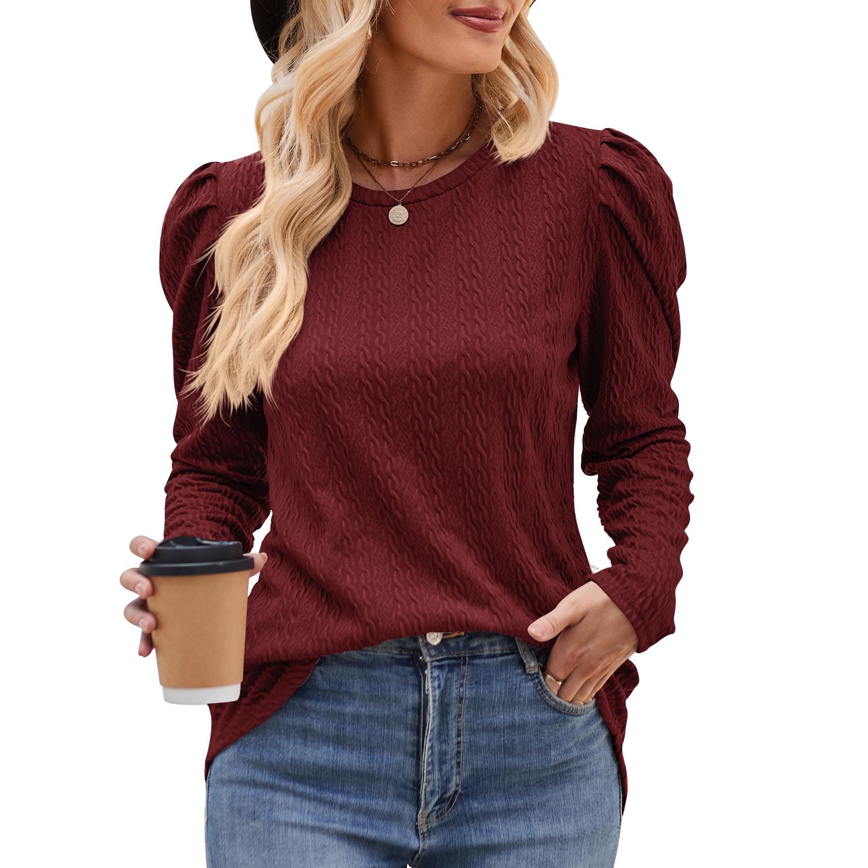 Women's Sleeve Knitted Jacquard Solid Color Long Blouses