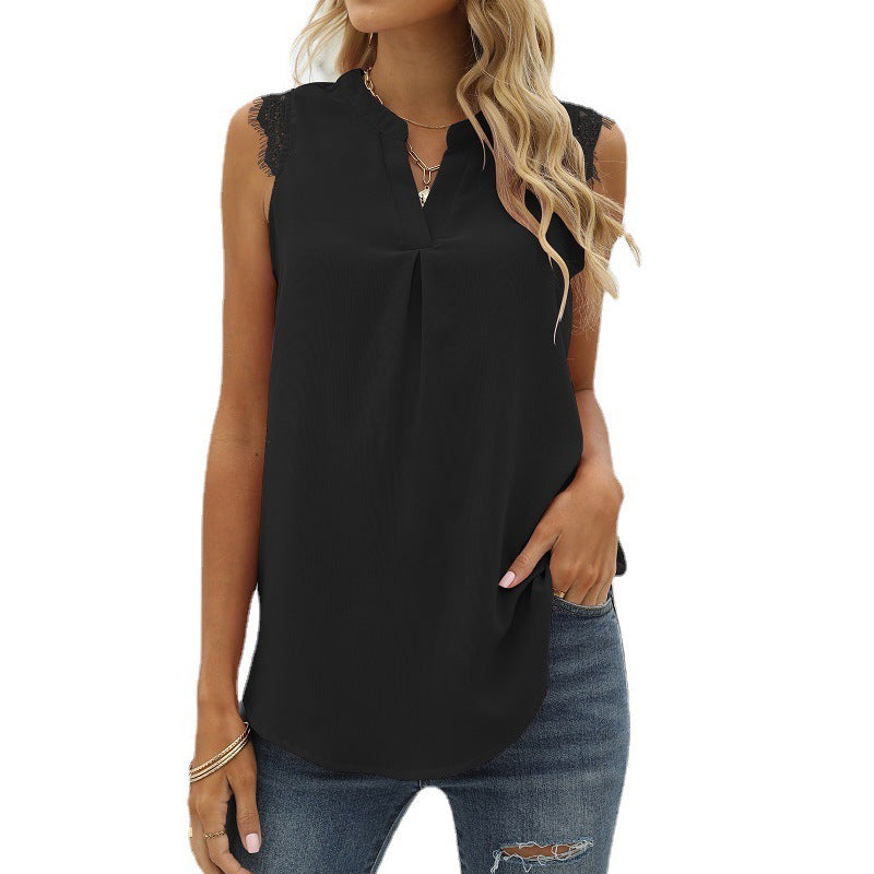 Women's Solid Color Shirt Loose V-neck Sleeveless Blouses